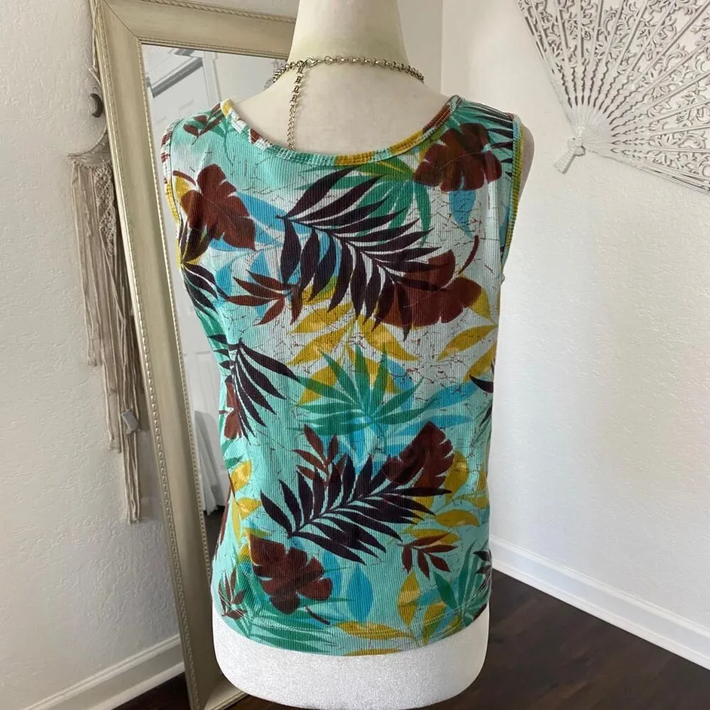 Early 2000's Green Brown Cotton Palm Tree Floral Sequin Hawaiian Cami Tank Top S - Image 5
