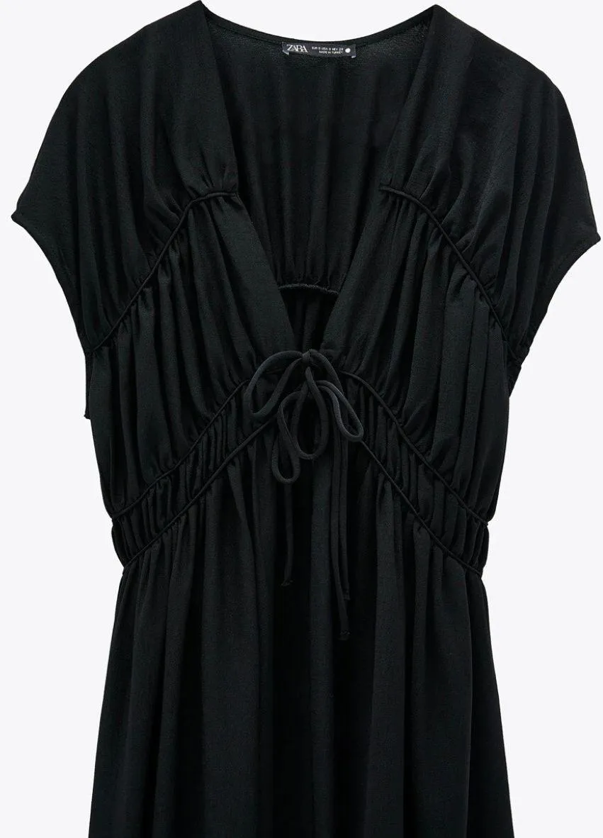 NWT  Black Long Dress W Front Ties & Ruching - Image 5