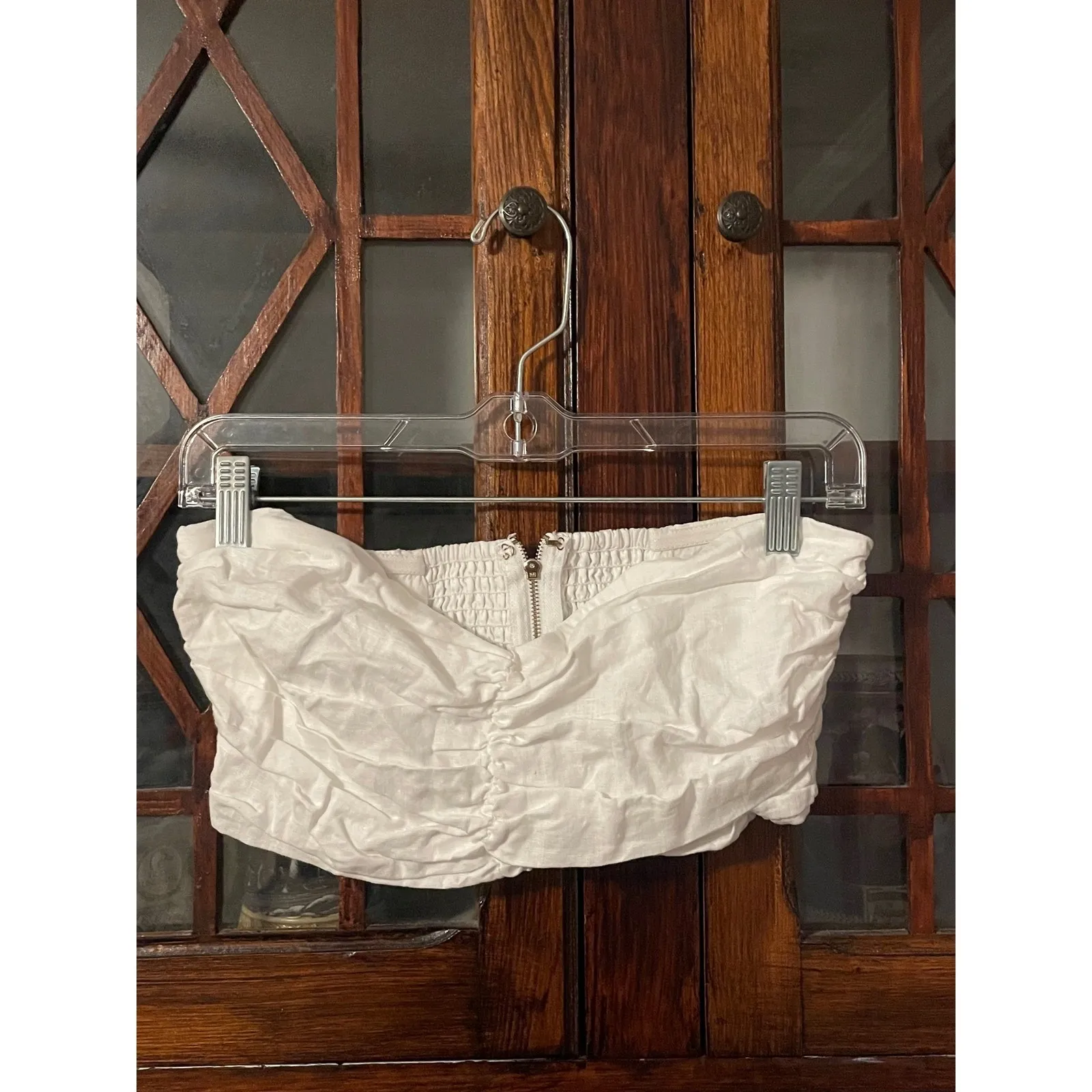 Dissh White Smocked Ruched Shirred Linen Strapless‎ Zipper Bustier Crop Top Size 6 - Image 2