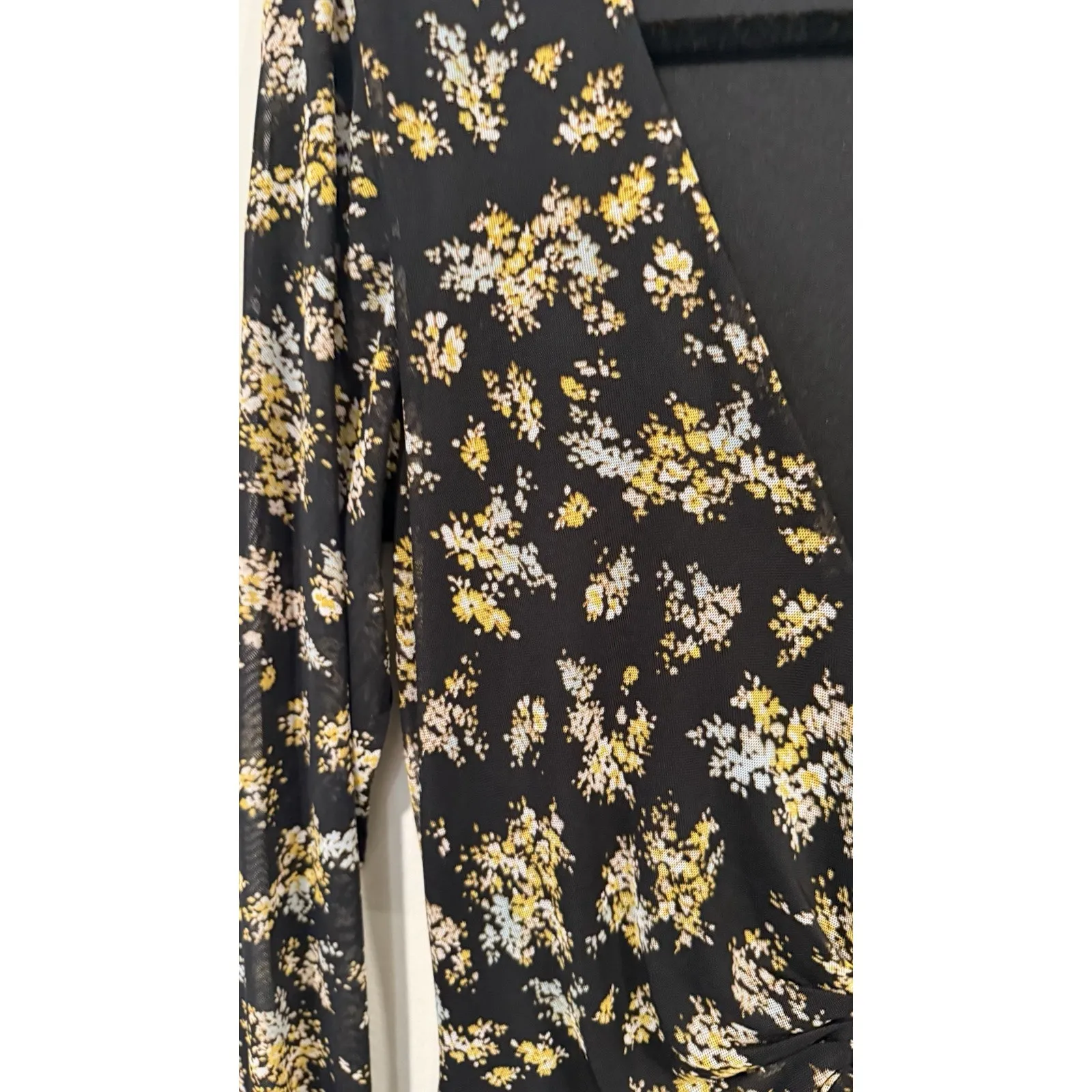 AFRM Tezza Black & Yellow Floral Ruched Mesh Midi Long Sleeves Dress Large 2475 - Image 5
