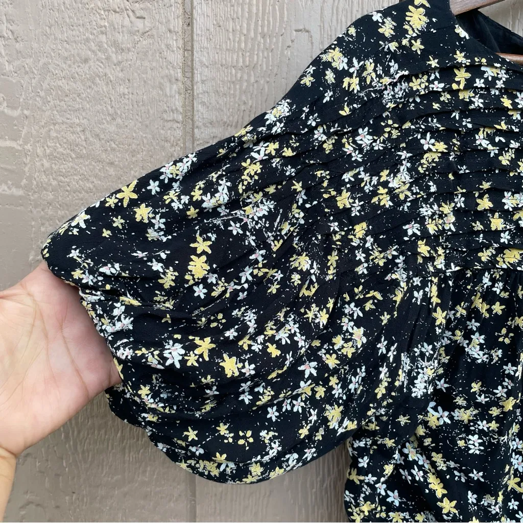 Free People Womens Dessa Bodysuit Black Yellow Floral Print Puff Sleeve Size XS - Image 6