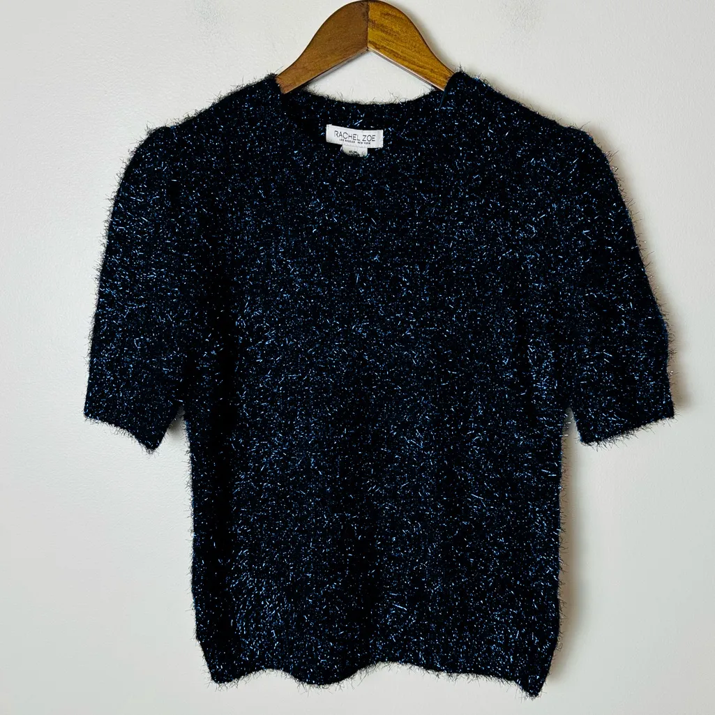 Rachel Zoe Navy Short Sleeve Metallic Fuzzy Knit Top Medium NYE Holiday - Image 2