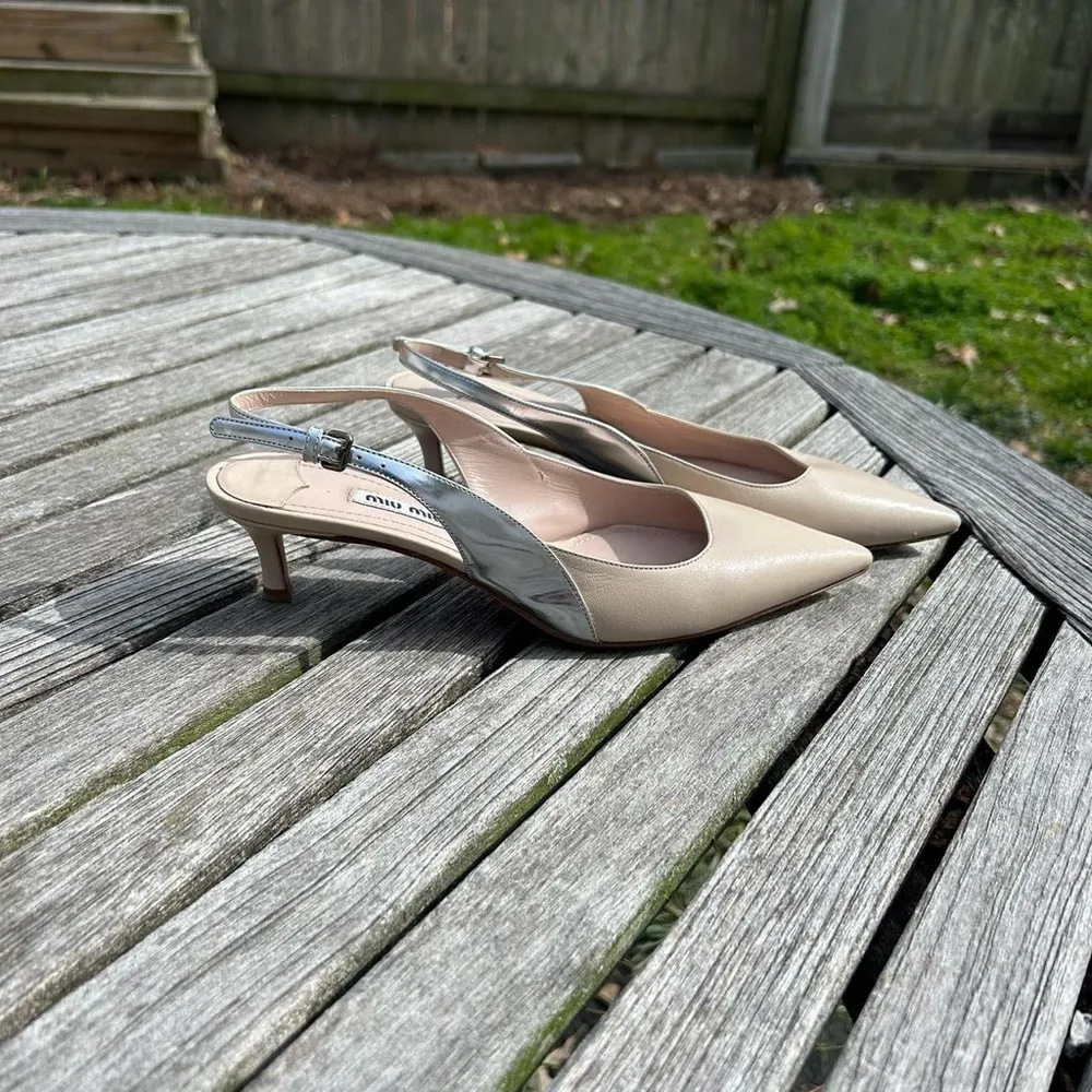 Nude Kitten-Heel Slingback Pumps by miu miu size 36 1/2  nude silver‎ 6 - Image 4