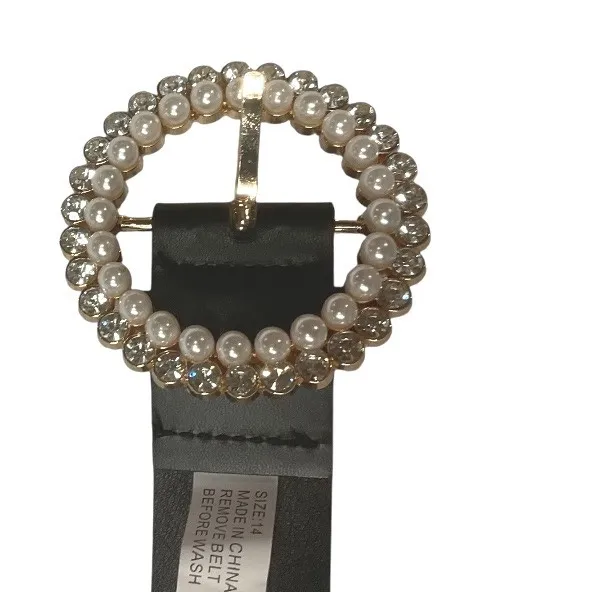 Black Belt Women's Size 14 Pearl Rhinestone Buckle Chic Fashion Accessory‎ - Image 2