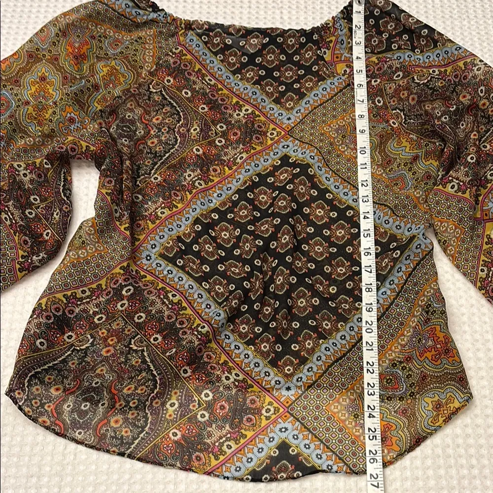 CHA CHA VENTE Size M Bohemian Paisley Floral Semi Sheer Women's Top Blouse Brown Size M - Image 10