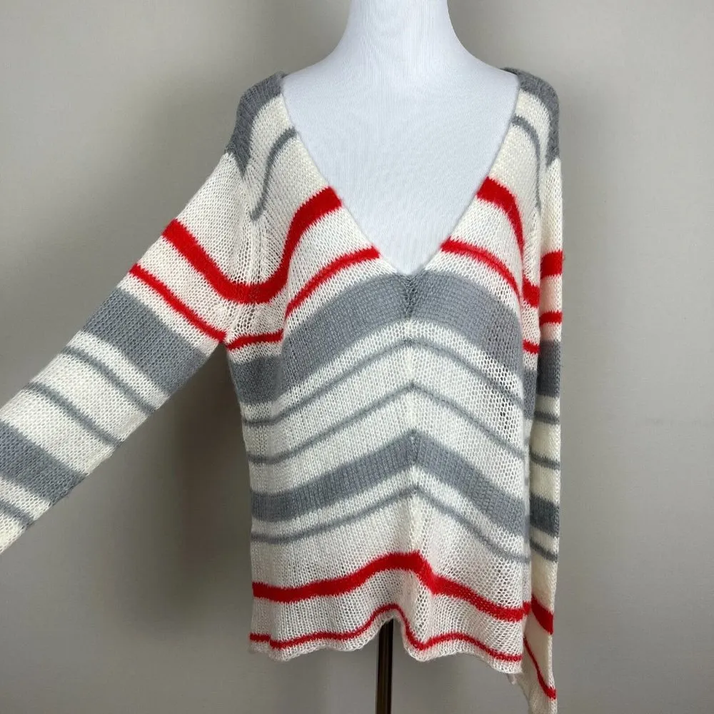 Wooden Ships Sweater Women M L Striped Long Sleeve Knit V-Neck Mohair Wool Blend - Image 2