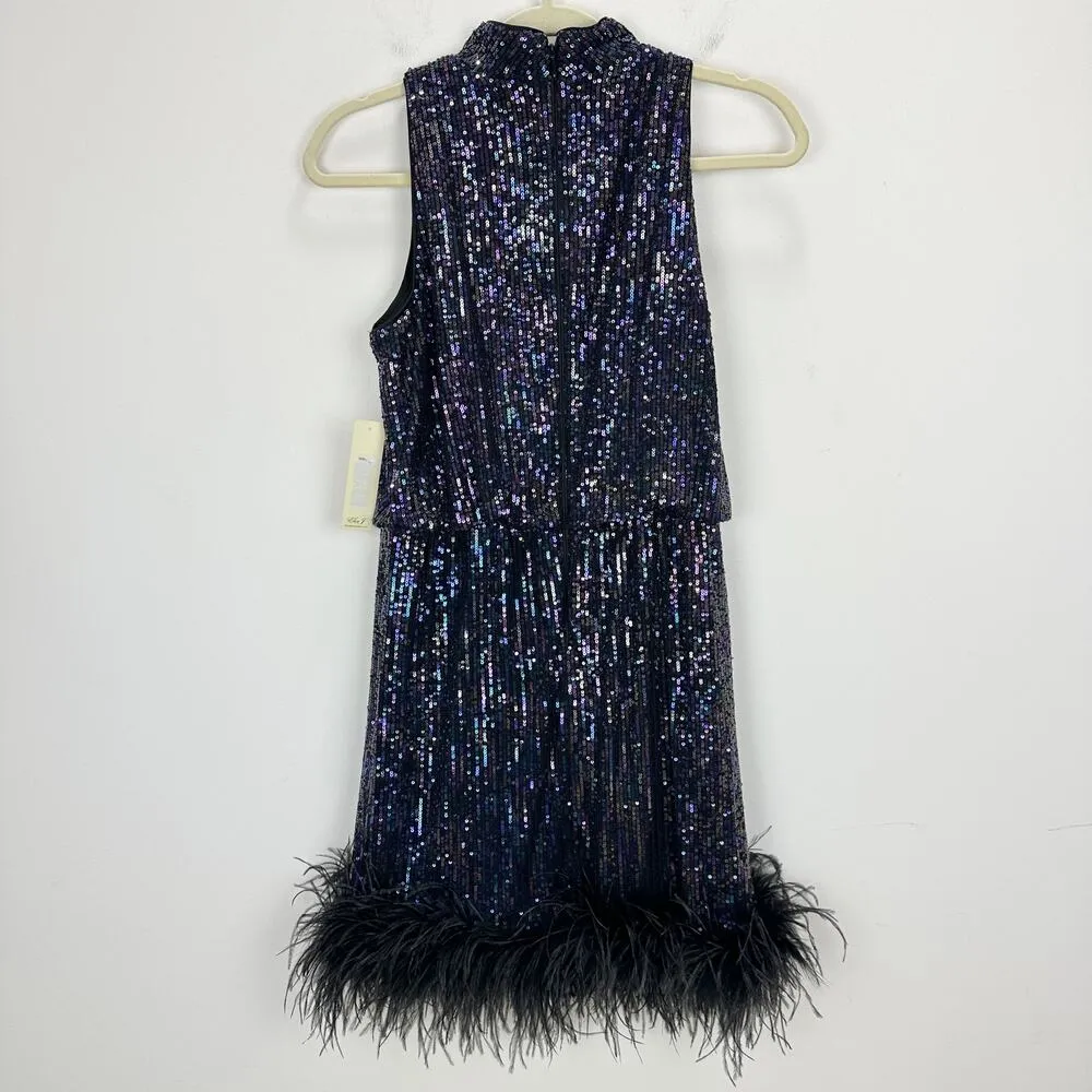 Eliza J Sequined Feather Hem Mini Dress Party Glam Mockneck Sleeveless US 6 NWT - Image 6