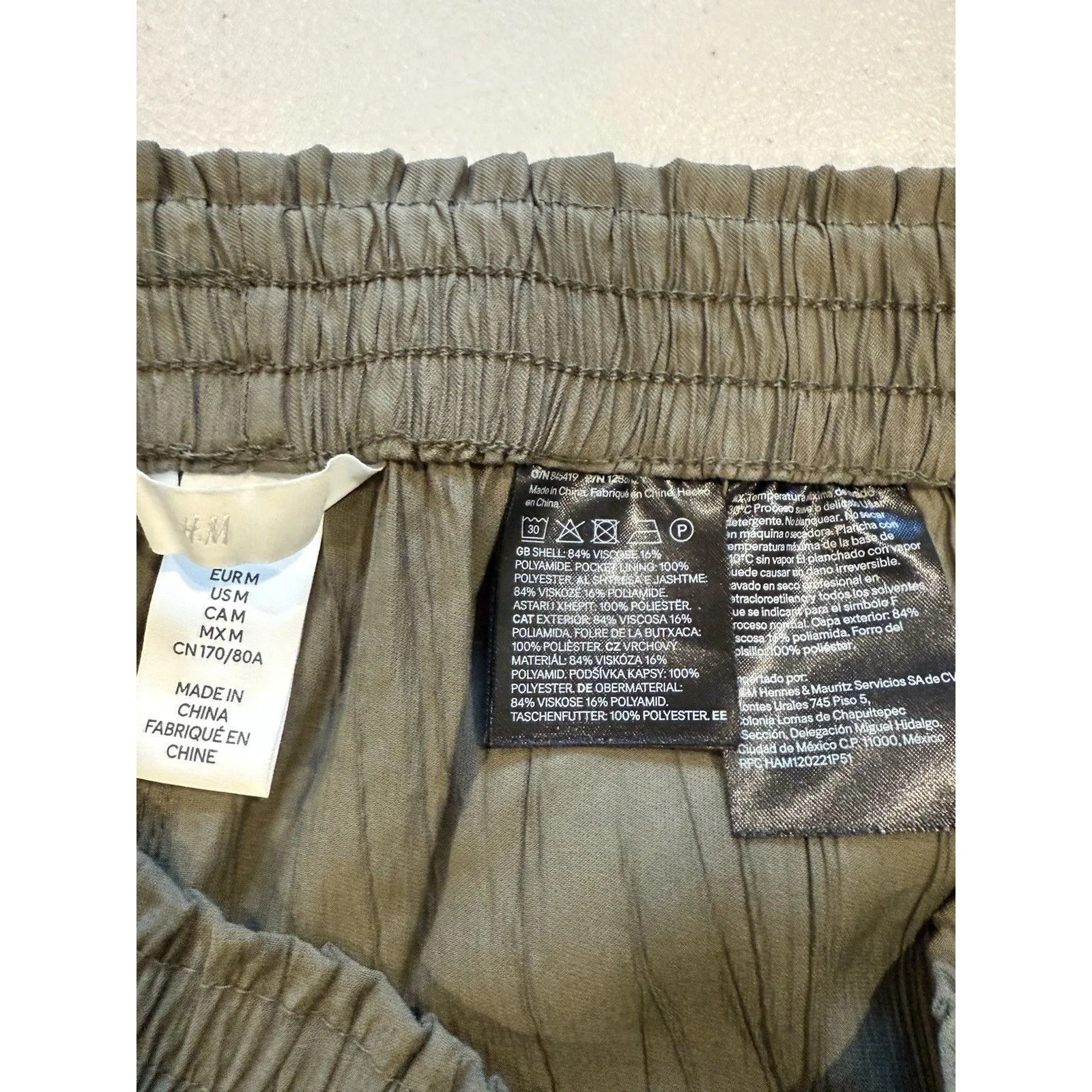 H&M Wide Leg Pants Womens Medium Olive Green Elastic Waist Flowy Travel Lounge - Image 3