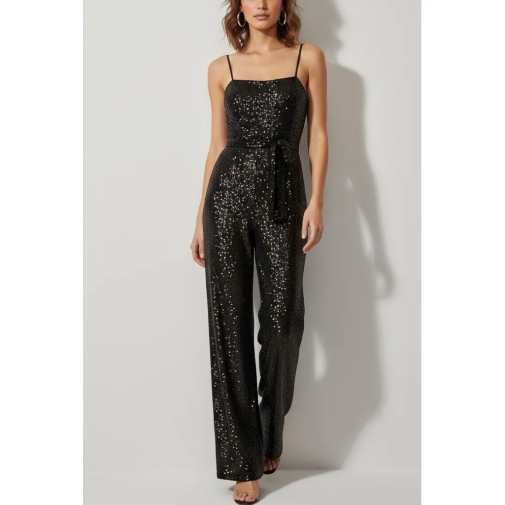REFORMATION Prince Wide Leg Sequin Jumpsuit, Black, Small - Image 3