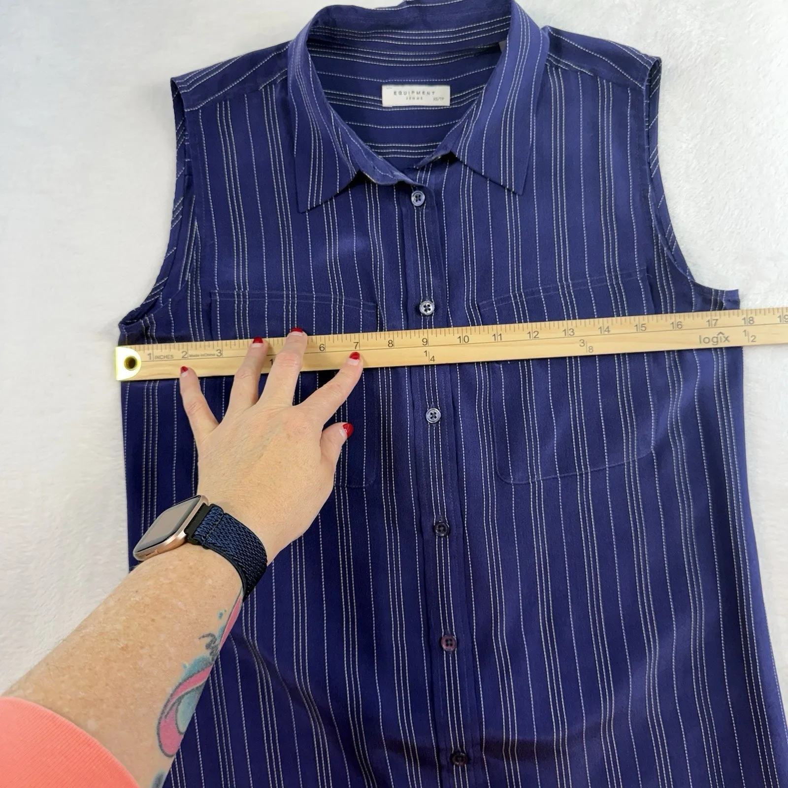Equipment Femme XS Silk Shirt Dress Sleeveless Slim Signature Stripe Blue White - Image 10