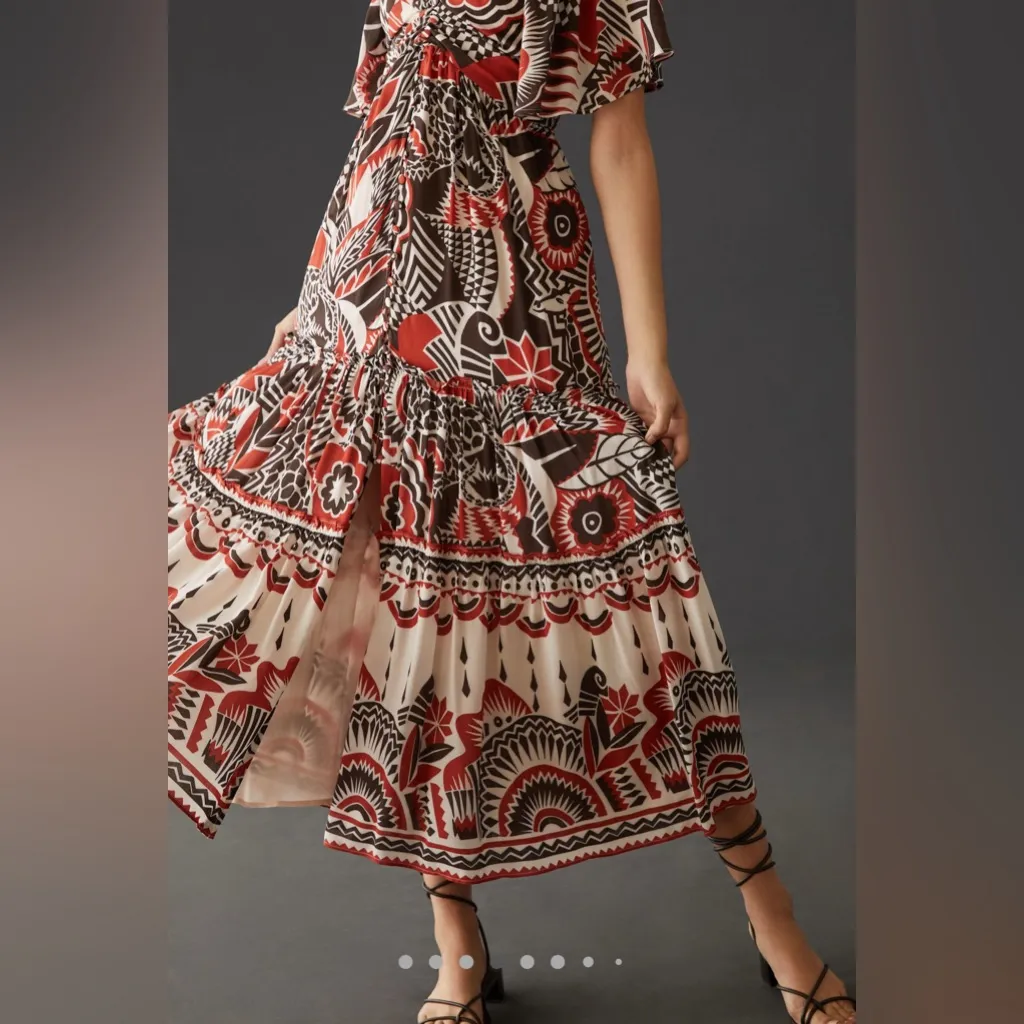 By Anthropologie XL Tiered Maxi Dress Red Pattern Short Sleeve V-Neck‎ Buttons - Image 13