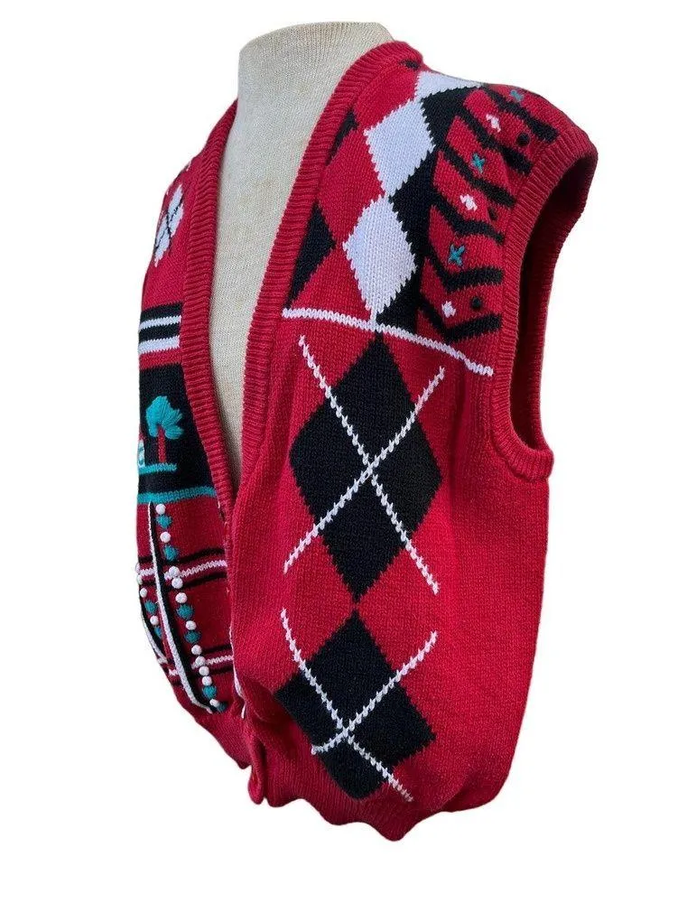 Vintage Red Koret Cotton Large Sweater Vest, Layering Vest, Womens Sweater Vest - Image 2