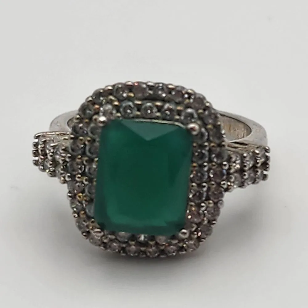 Sterling Silver Faux Emerald & Clear CZ Halo Ring (7) Green - Image 5