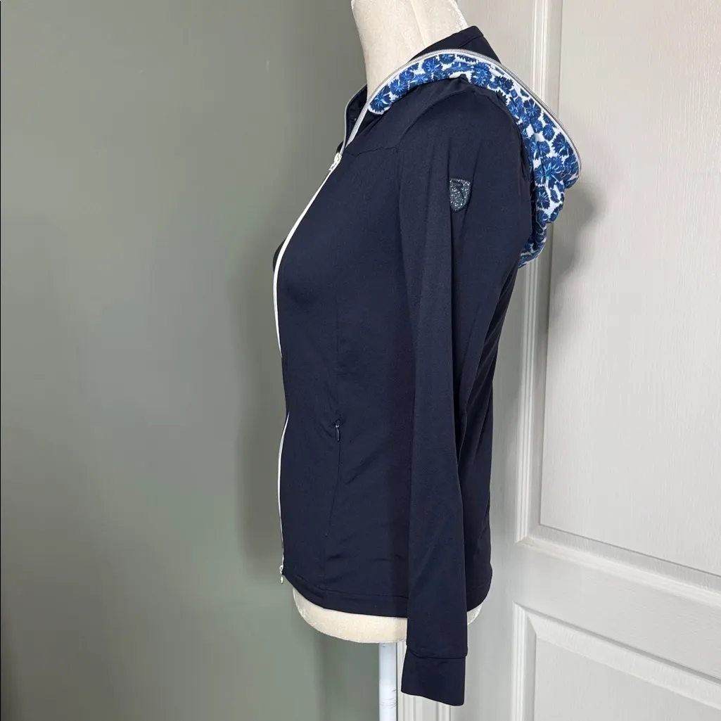 Chervo Navy Sunblock Full Zip Hoodie Jacket Floral Hood Trim Size S Blue - Image 2