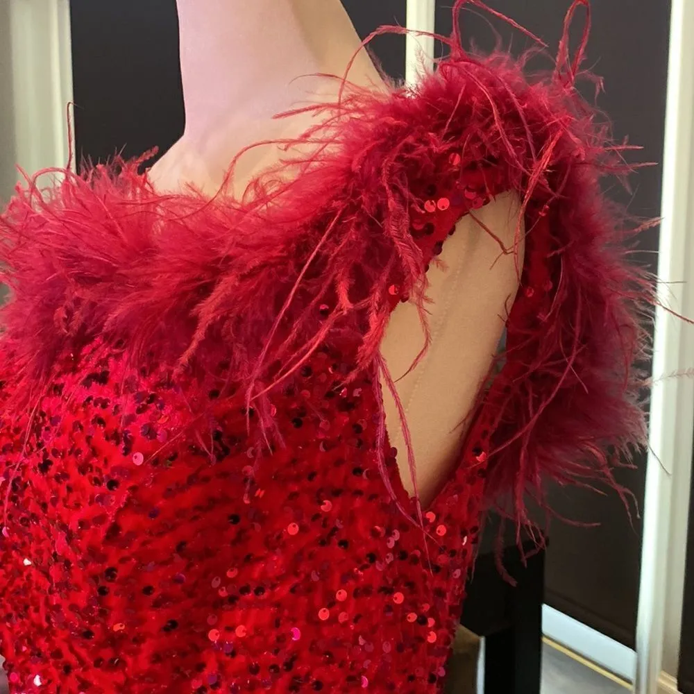 Women’s Pink Short Feather & Sequin One Shoulder Prom Party Dress Size 14 *READ Pink - Image 4