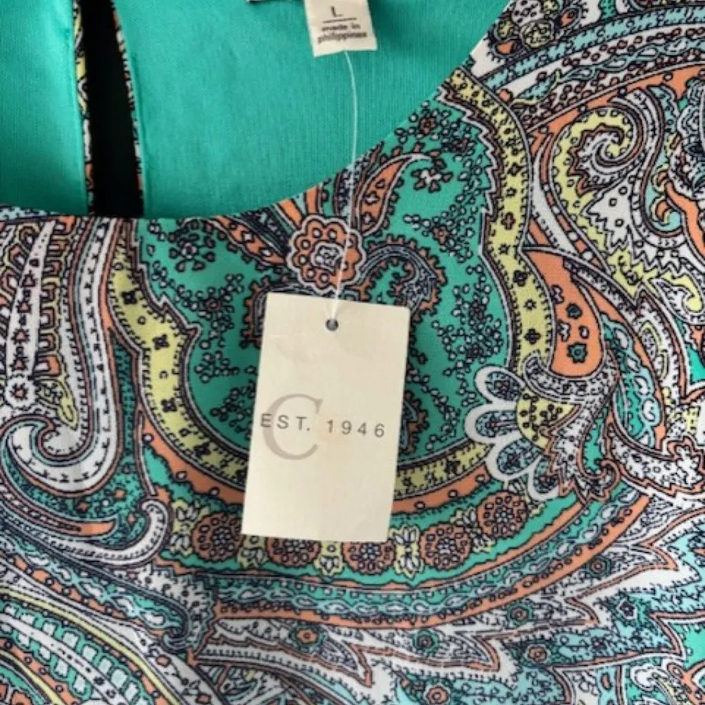 EST. 1946 Shift Dress Lg Paisley Teal Trumpet 3/4 Sleeve Boho Romantic Statement Blue - Image 8