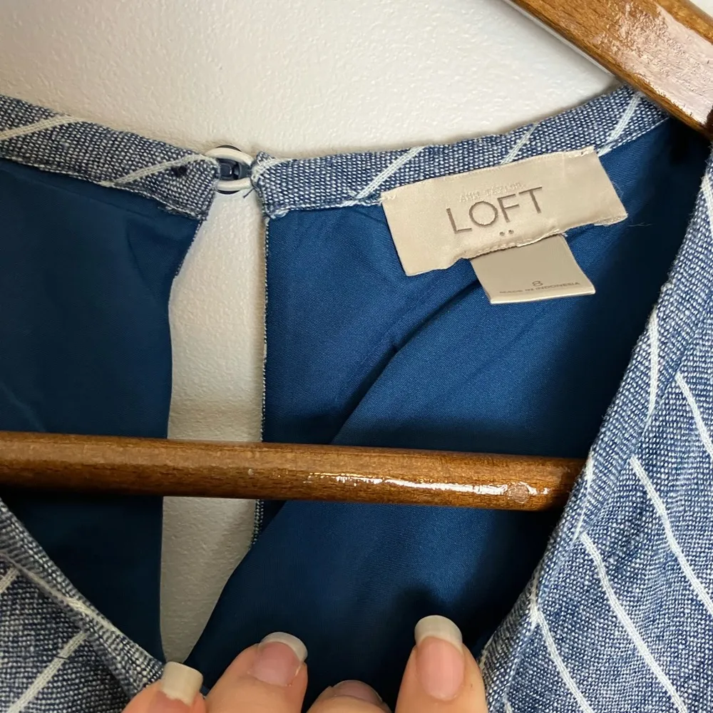 Ann Taylor LOFT Blue Chambray Linen Chevron Stripe Sleeveless Open Back Dress - Image 7