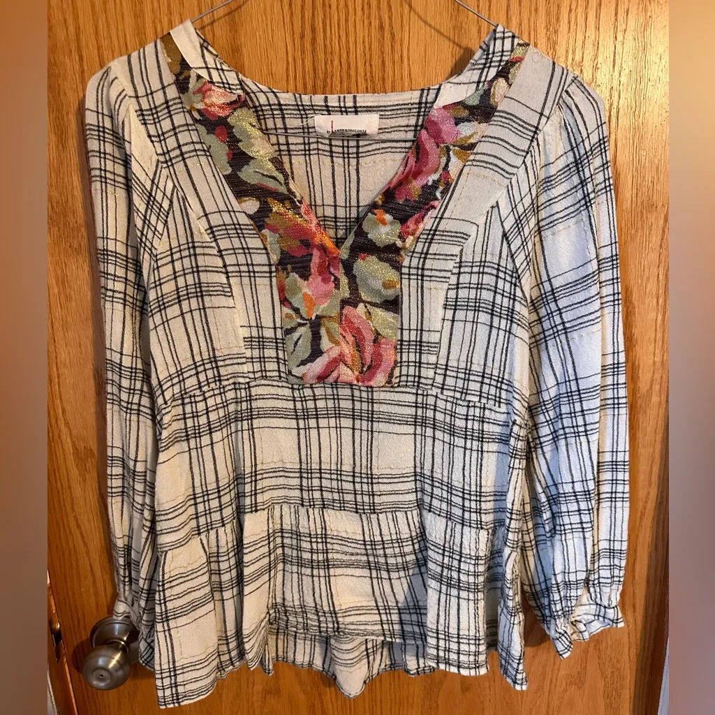 By Anthropologie Darlene Peasant Blouse Top Medium Plaid Floral Gauzy Medium - Image 2