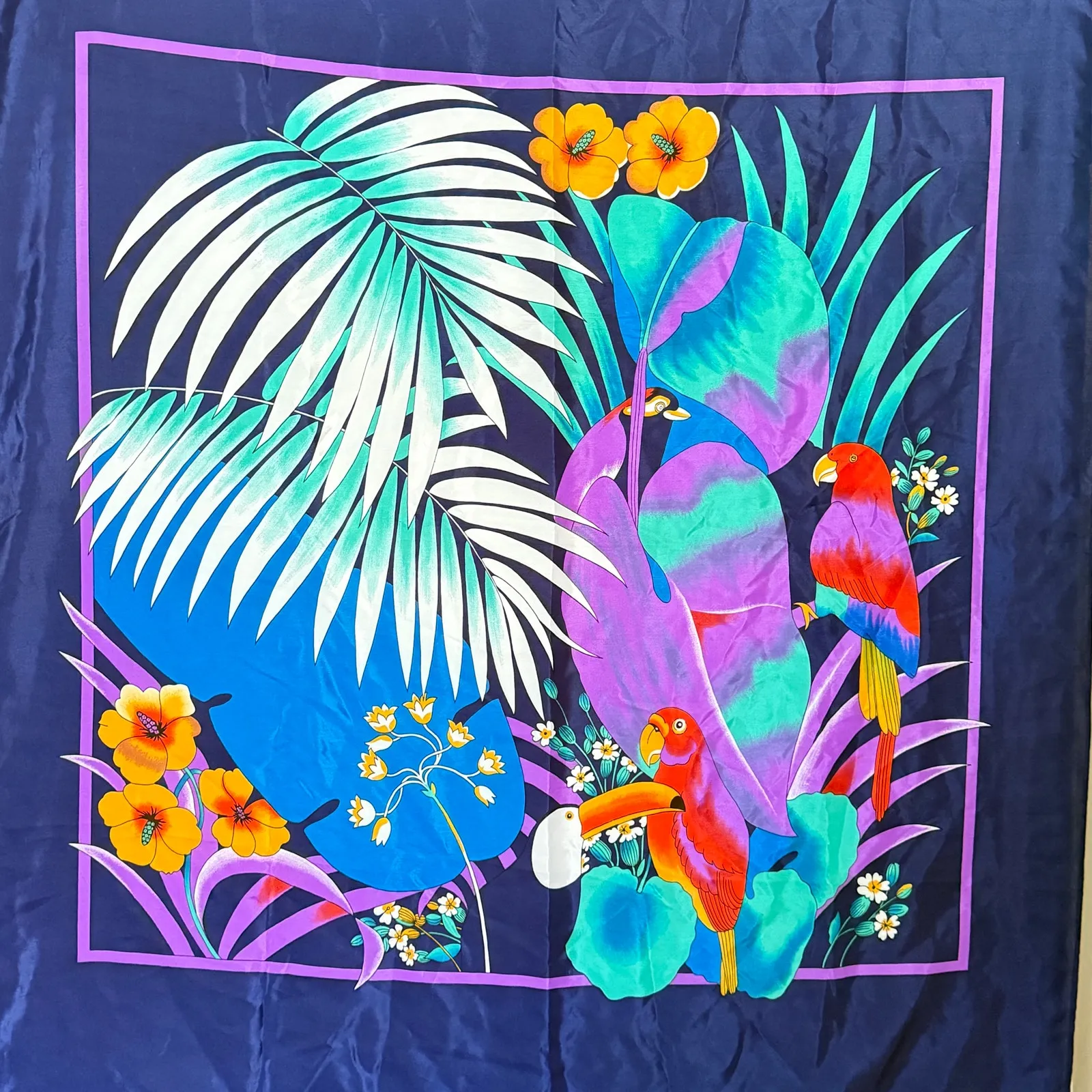 Vintage 90s Square Tropical Leaf Parrot Scarf Wrap Tropical Summer‎ 36" x 43" Blue - Image 2
