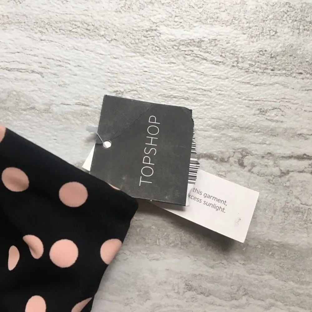 Retro Polka Dot Bikini Top Black Pink Size 6 Halter Bandeau Tie Front - Image 5