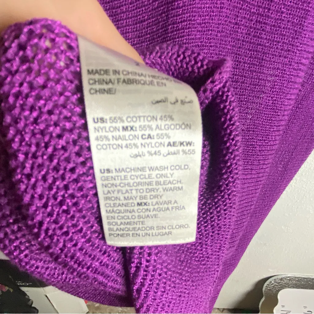 Chicos Size 2 Large Purple Knit Sweater Metalic 3/4 Sleeves Cut Out Back - Image 3