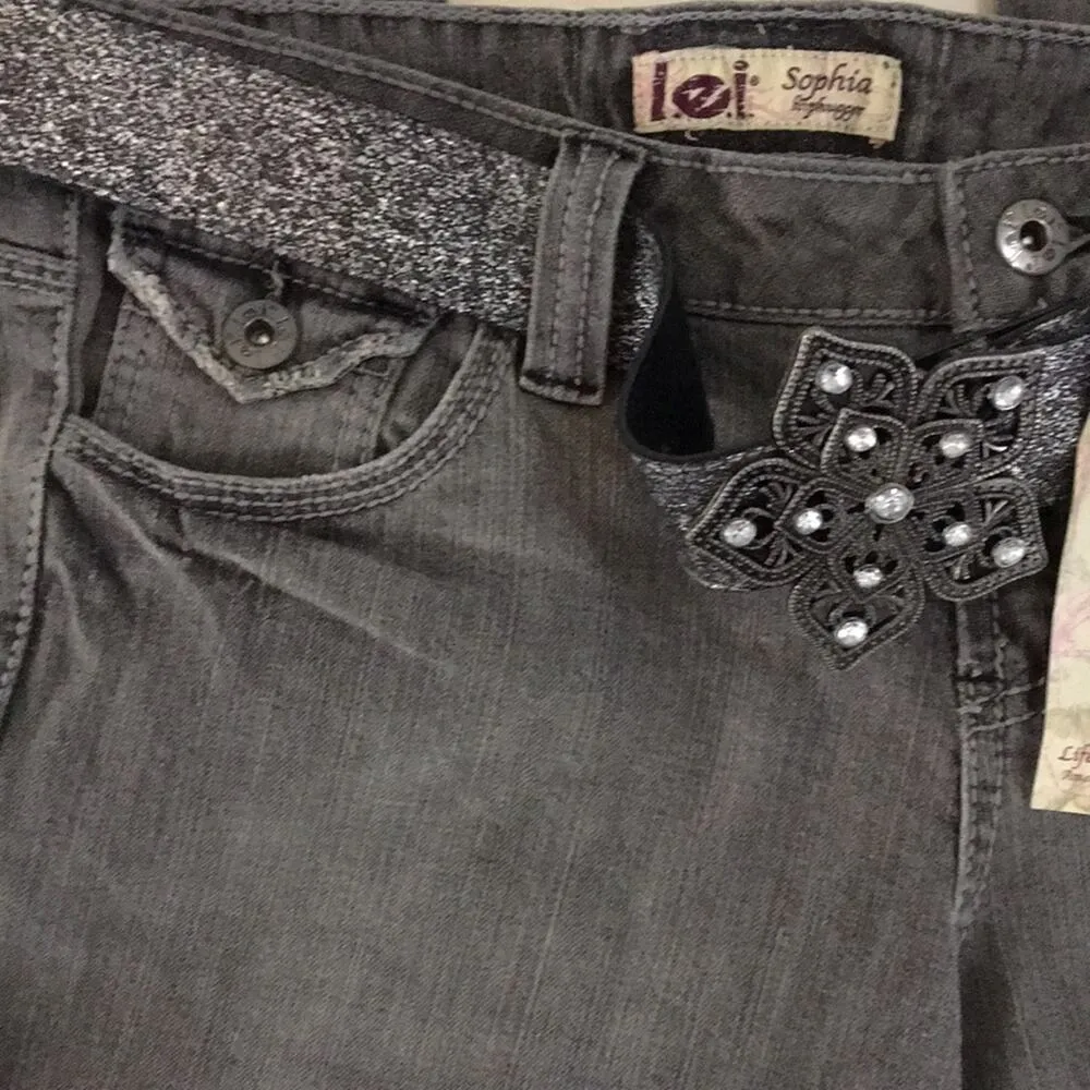 L.E.I. Denim Jeans Grey Wash Juniors 14 Low Rise Hiphugger Bootcut Stretch Belt - Image 3