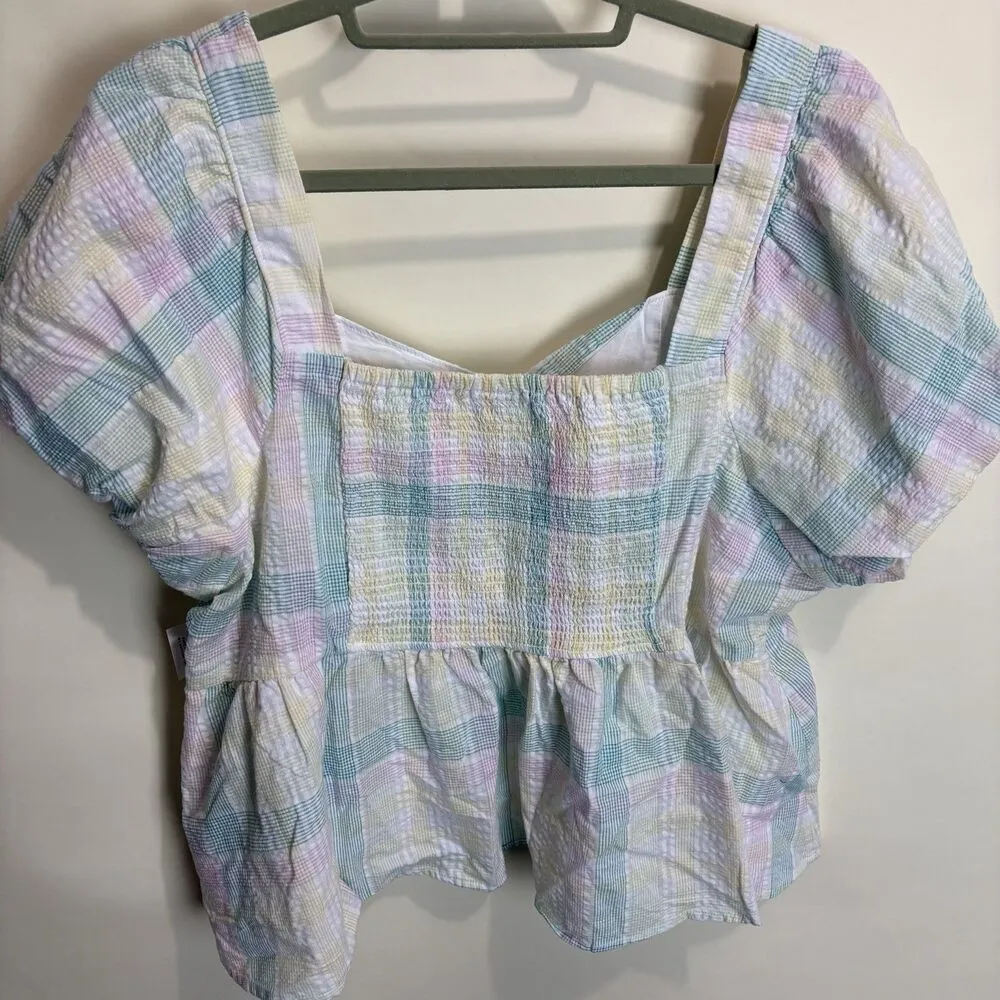 Old Navy Puff-Sleeve Smocked Seersucker Babydoll Swing Top XXL Pastel Plaid NWT - Image 10