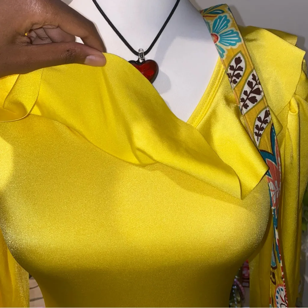 70s vintage yellow whimsical bohemian ruffle long sleeve ballet leotard bodysuit - Image 3