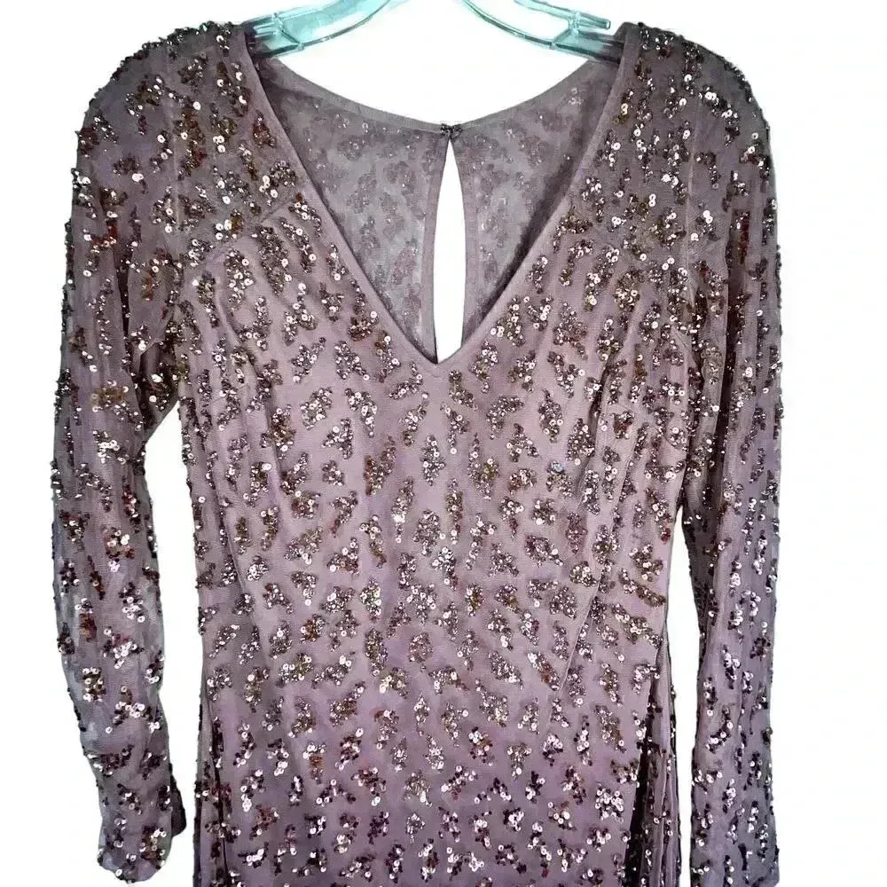 Aidan Maddox NWT Dusty Rose V Neck Long Sleeve Sequin Cocktail Dress‎ Size 6 - Image 2