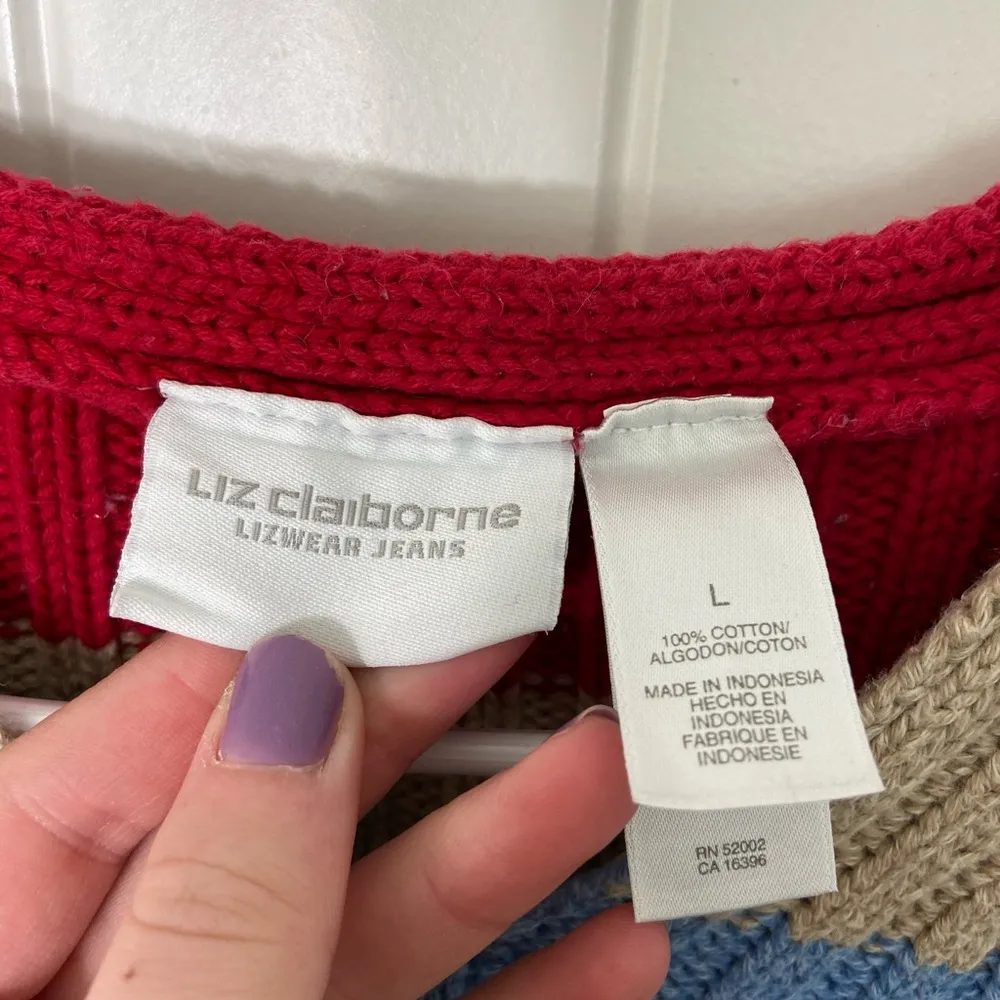 EUC Liz Claiborne women’s red blue cream striped thick knit cotton sweater large - Image 3