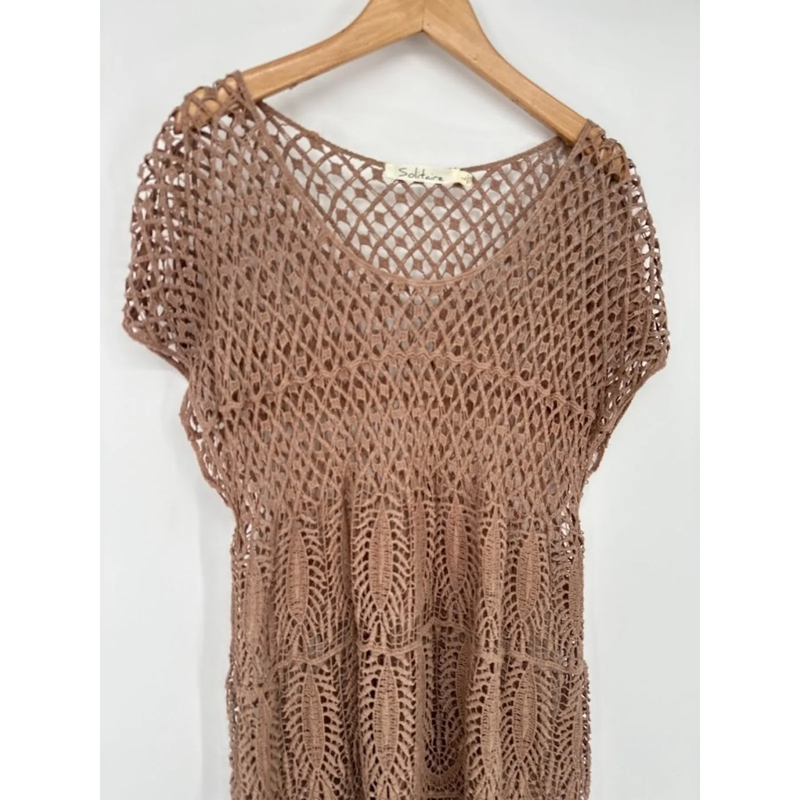 Solitaire Brown Boho Crochet Mesh Dress Coverup Size Large Boho Festival Hippie - Image 2