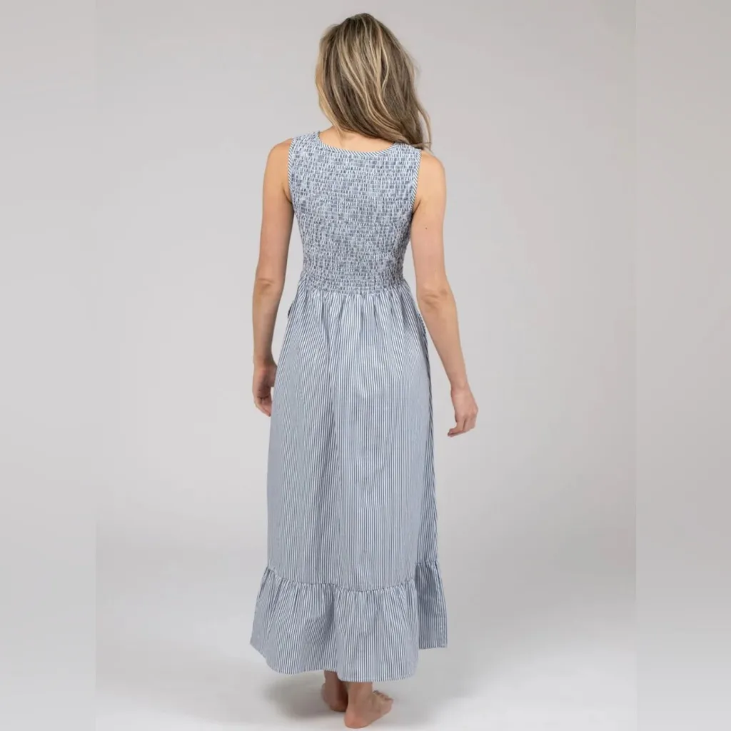 Beau & Ro The Margot Dress Navy White Stripe Small Smocked Nautical Beach Flowy Blue - Image 4