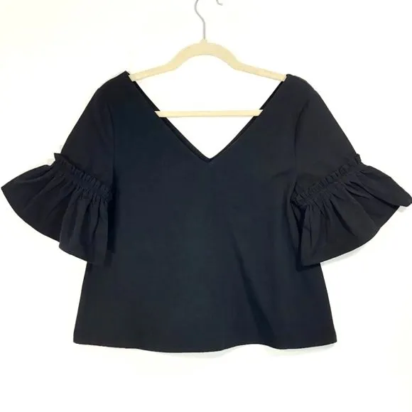 New  Double V Neck Blouse Ruffle Flare Sleeve Shirt Black - Image 6