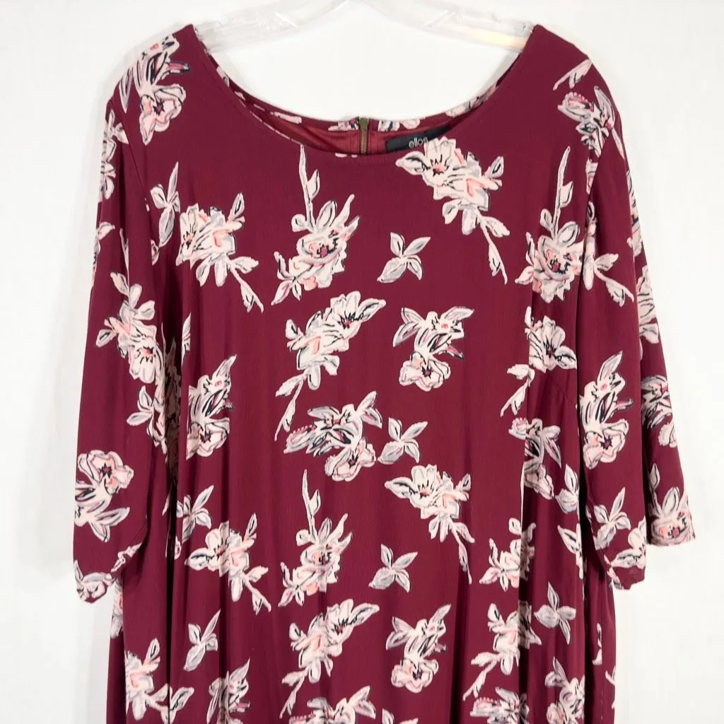 Ellos Plus Size 22 Dress Shift Maroon Floral Shift Mini Lined Back Zip‎ 1514 Red - Image 3