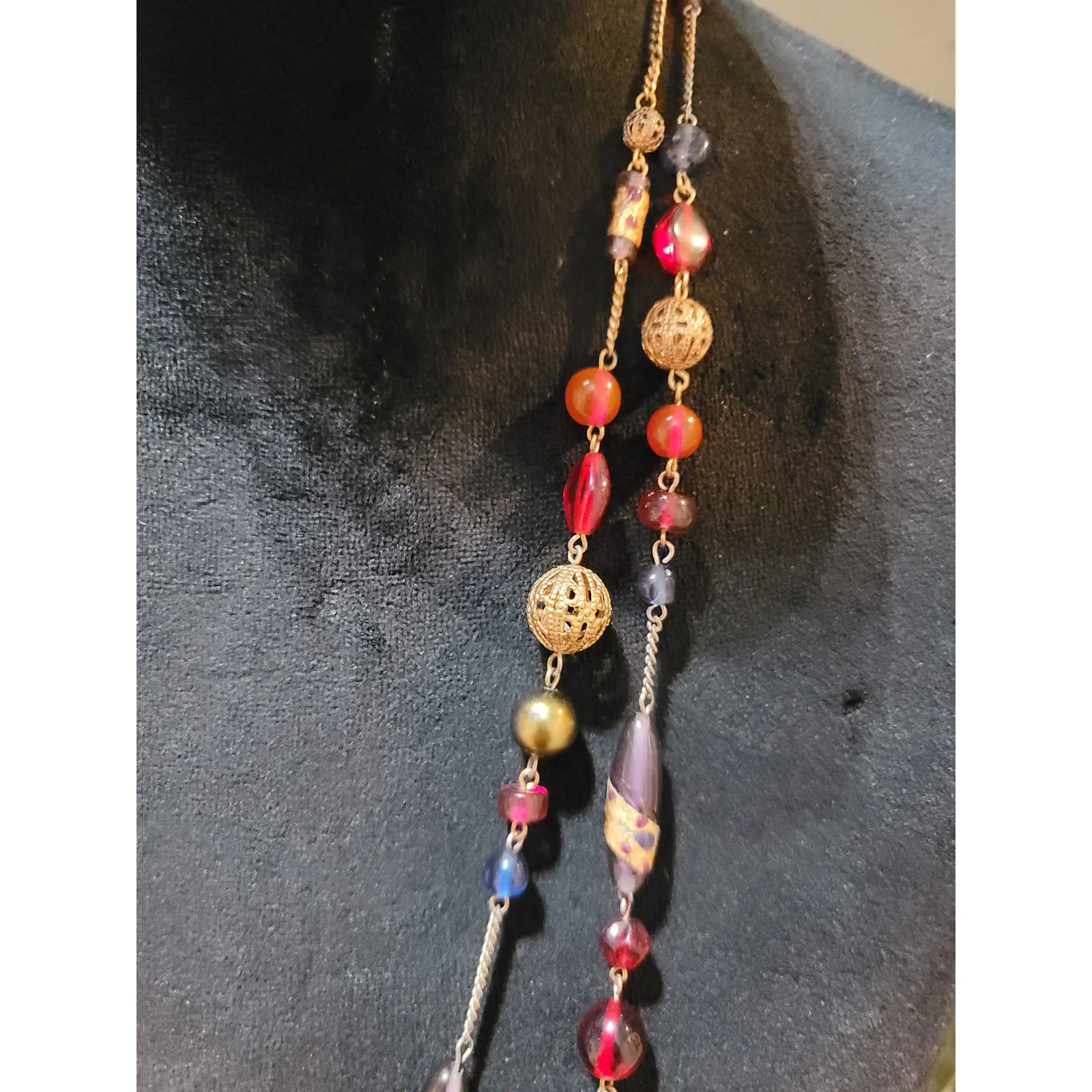 Women’s Long Multicolor Glass Bead Necklace Gold Tone Chain Lobster Clasp - Image 5