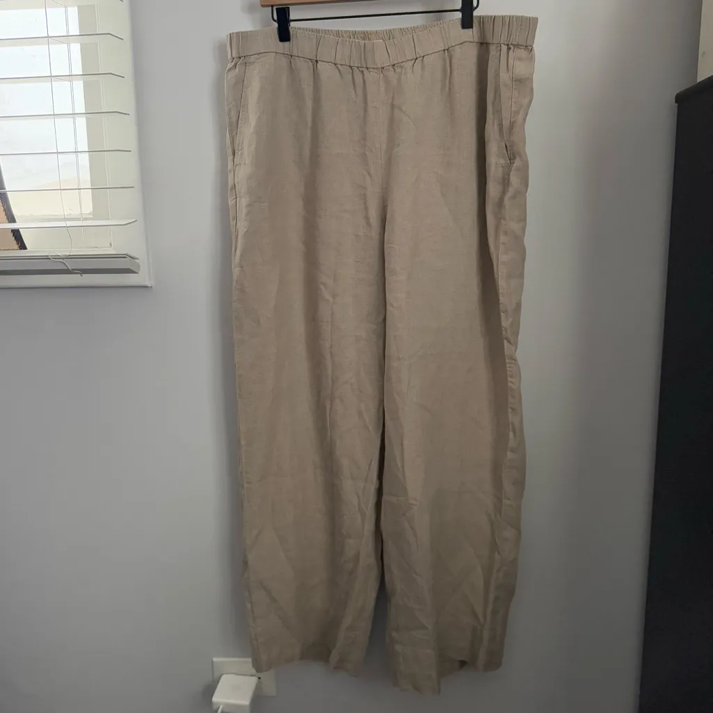 Eileen Fisher 1X Linen Wide Leg Pants Beige Sand Elastic Waist Resort Minimal - Image 2