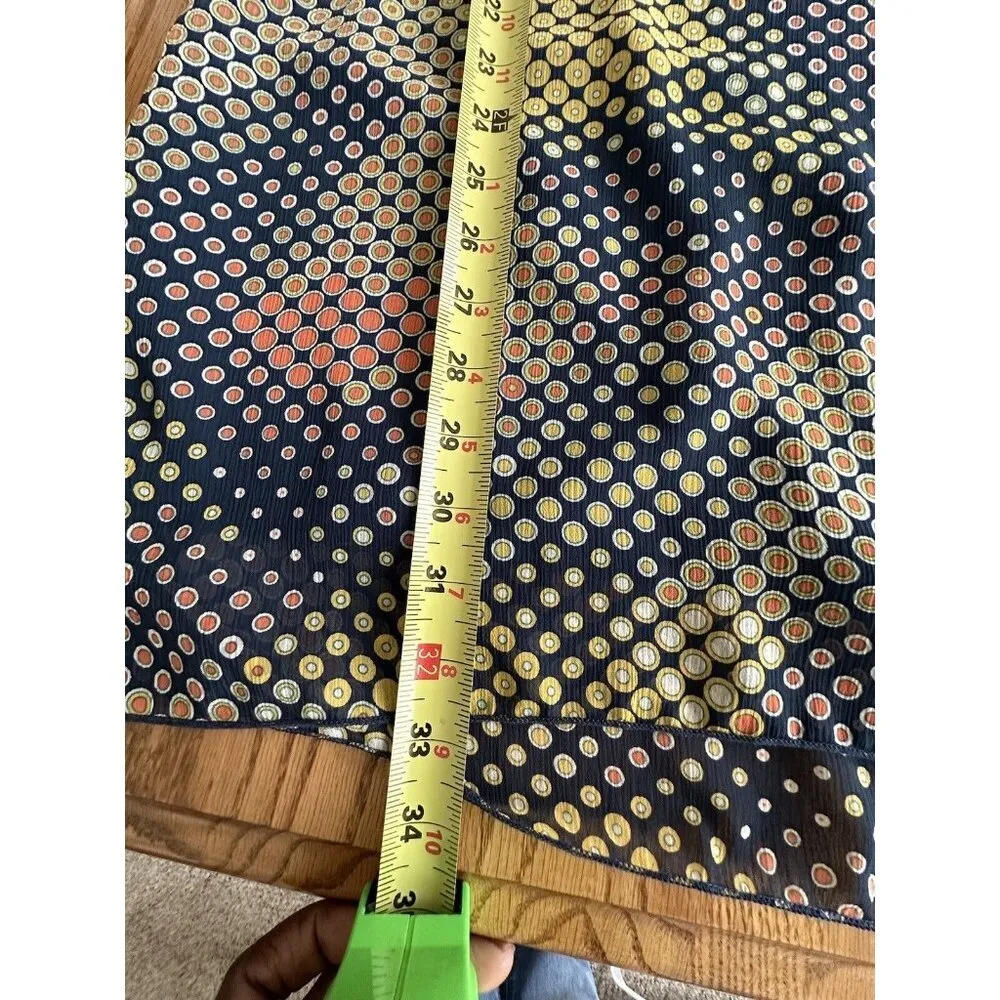 KLD Signature Geometric Print Chiffon Sheer Shift Dress Eyelet Lace Neck Size L - Image 9