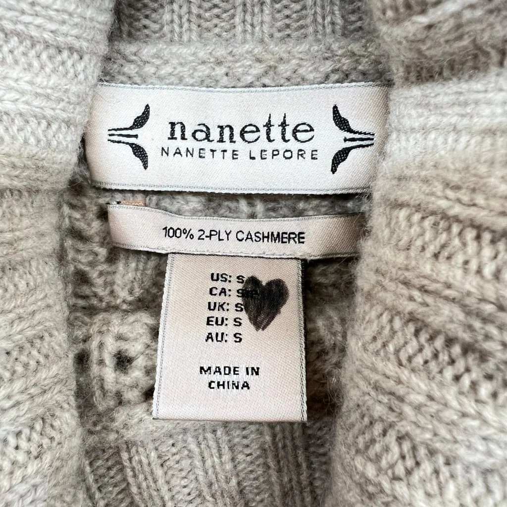 Nanette Lepore Lace Knit 100% 2-Ply Cashmere Turtleneck Sweater Beige Size Small - Image 8
