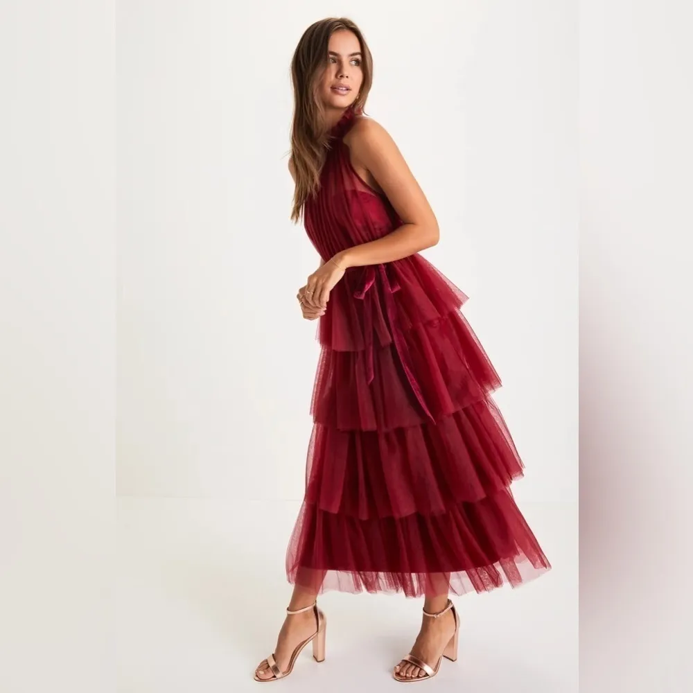 LULU’S Wondrous Glamour Wine Red Tulle Tiered Halter Midi Dress - Image 3