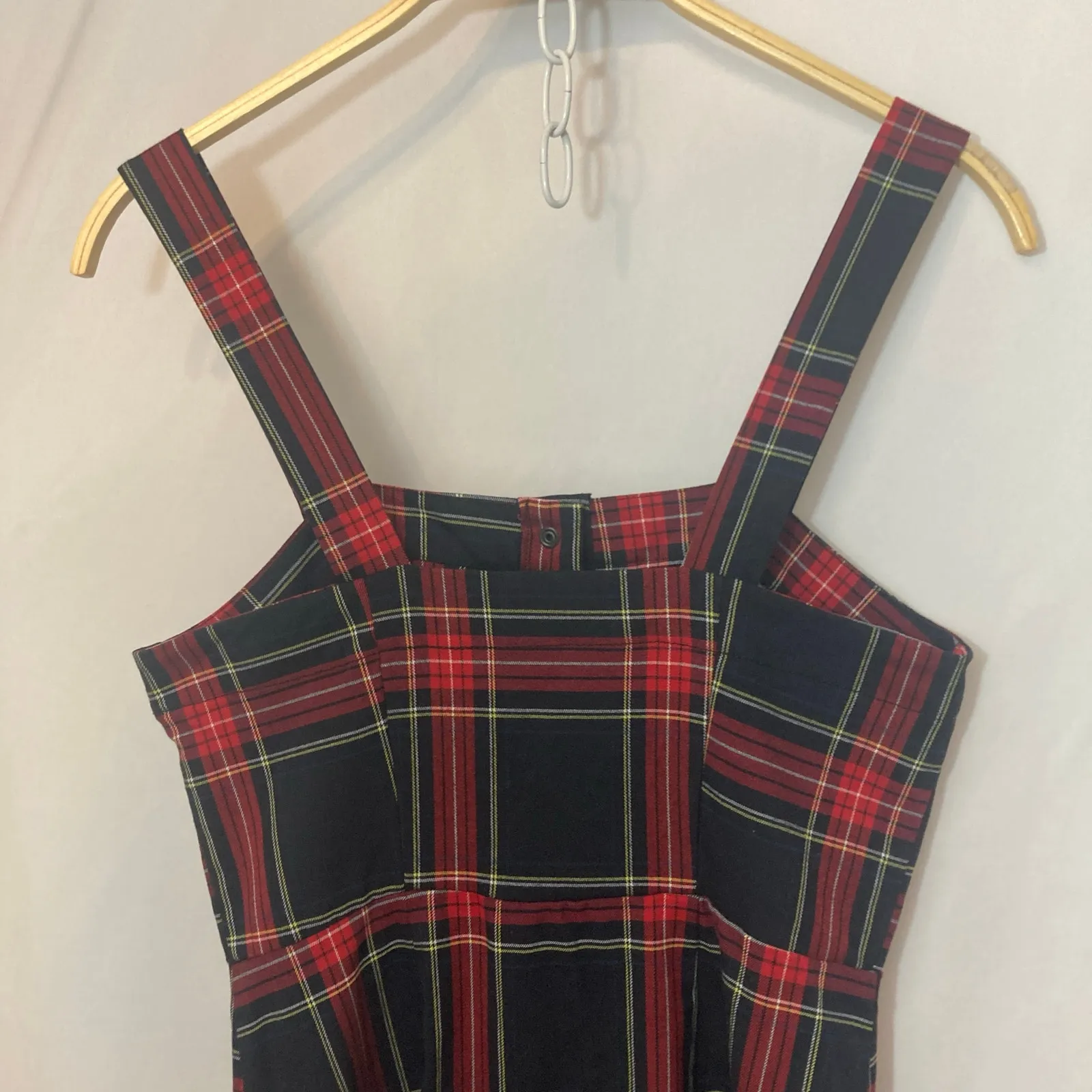 Bershka Red Black Tartan Plaid Button Snap Front Sleeveless Overall Midi Dress - Image 11