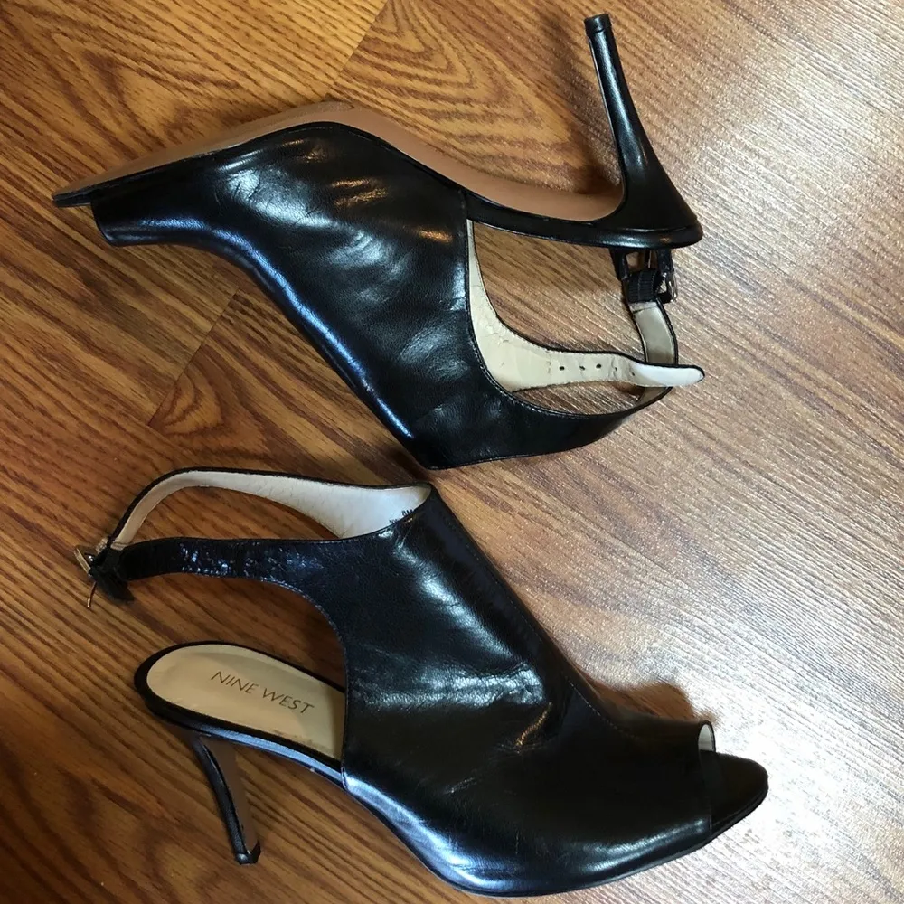 NINE WEST Black Leather Peep Toe OpenBack Heels S8 - Image 2