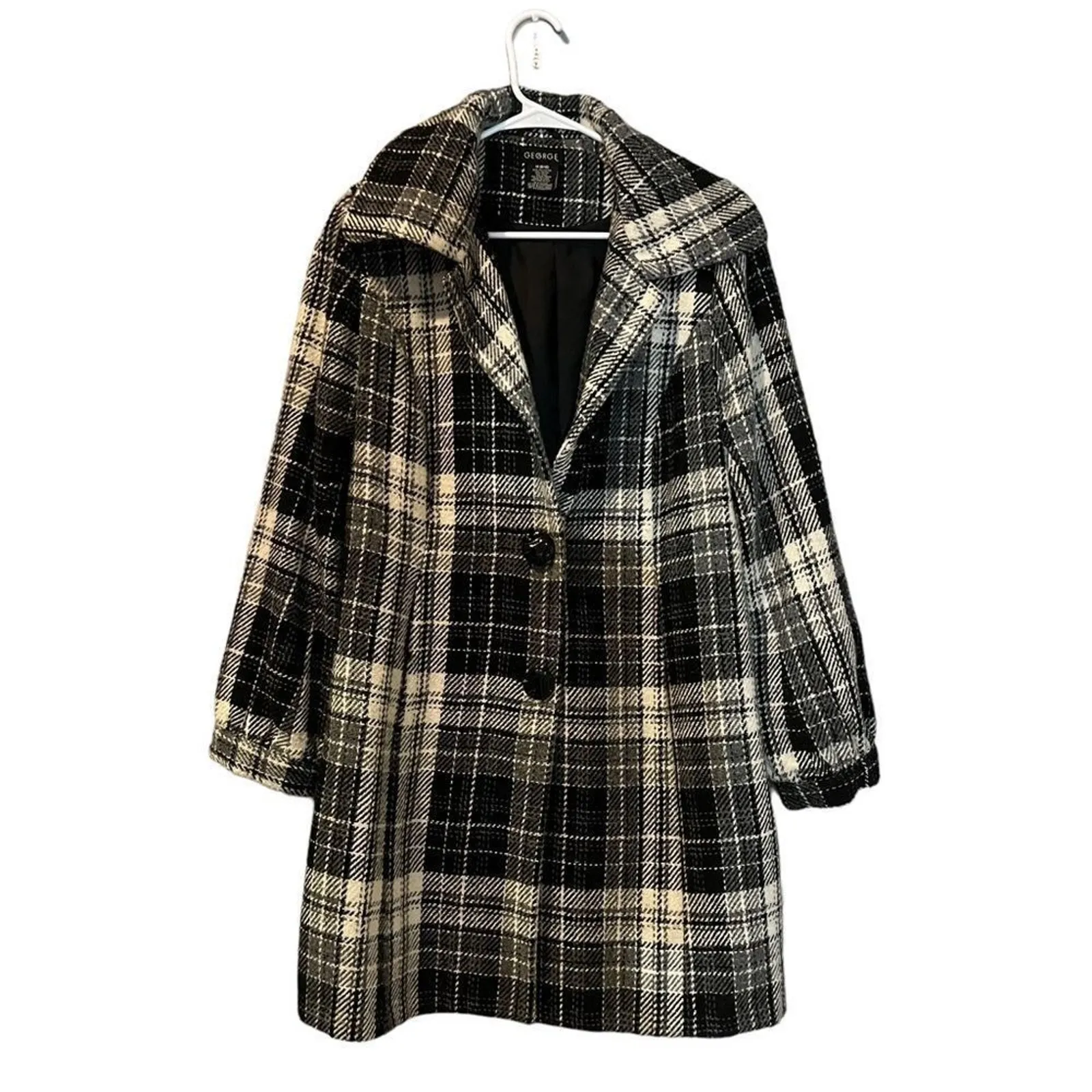 George Coat Womens Medium Wool Black/White Plaid Longline Overcoat Button Front Black - Image 2