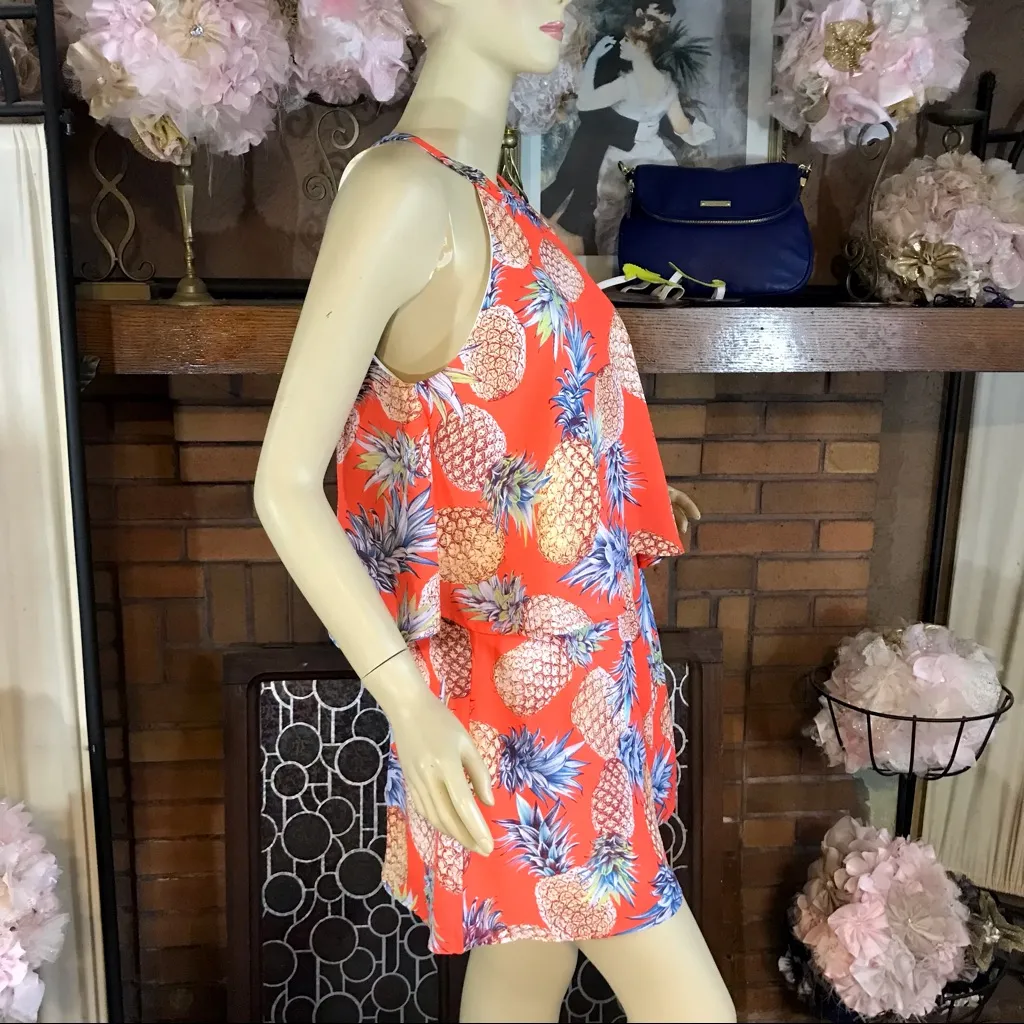CRESCENT ORANGE & BLUE PINEAPPLE PRINT FLOWY SHORTS & TUNIC SET NWT (S) - Image 3