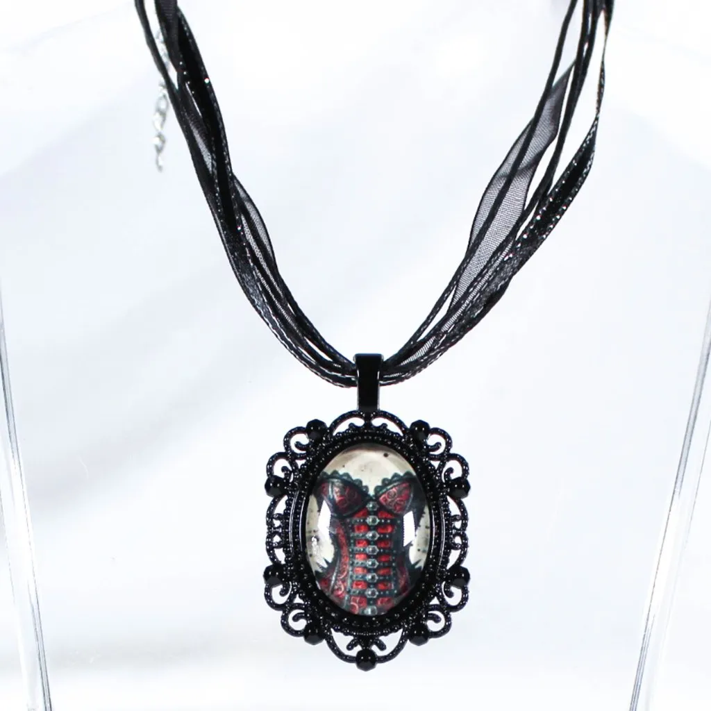 Gothic Black Ribbon Necklace with Red Corset Pendant Victorian Steampunk - Image 2