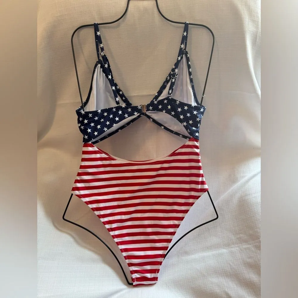 Blooming Jelly Womens One Piece Swimsuit High Cut Out American Flag Large L Blue - Image 4