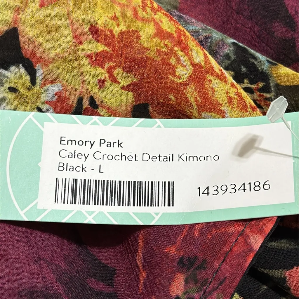 EMORY PARK women’s size large black Caley crochet floral detail kimono sheer NWT - Image 7