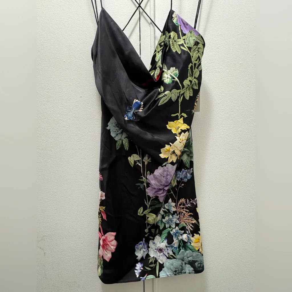 $395 ALICE + OLIVIA Harmony Mini Slip Dress - Black Size 6 flowers & butterflies - Image 5