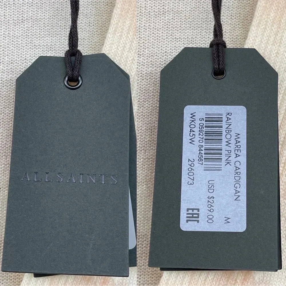 Allsaints Marea Tie Dye Cardigan Sweater Merino Wool Rainbow Pink Cream New M - Image 11