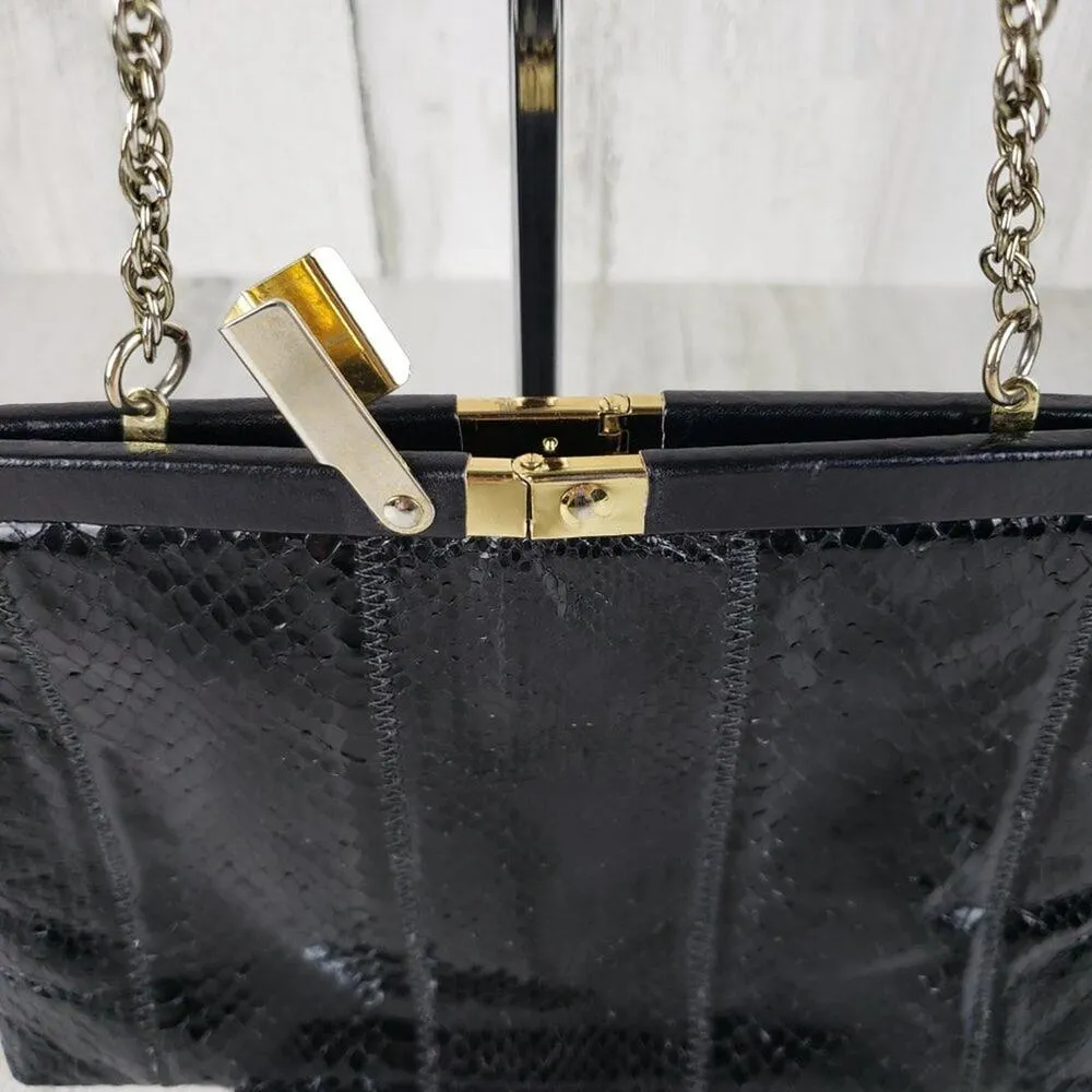 Palizzio Shiny Black Gold Chain Snakeskin Textured Shoulder Bag Women's Purse - Image 5