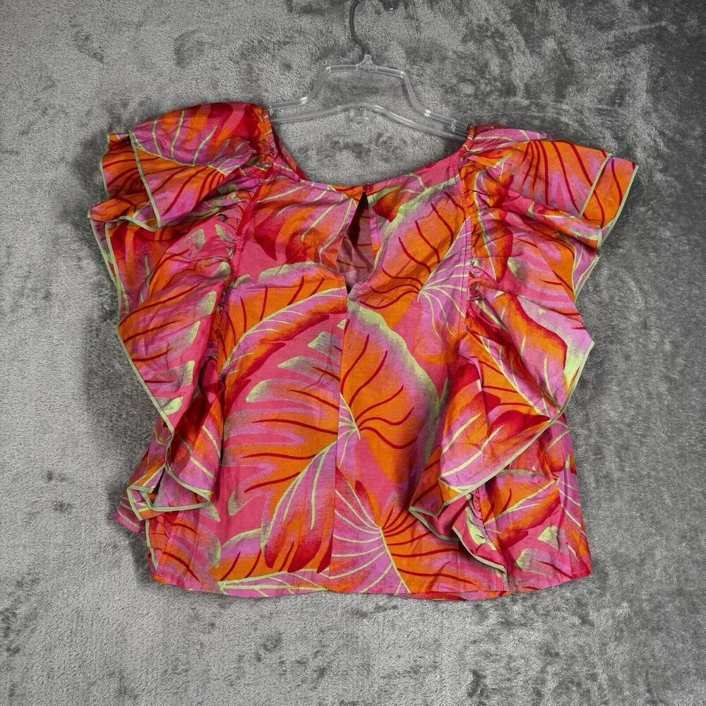 Farm Rio Shirt Women Large Pink Orange Leaves Tropical Bright Forest Frilled Top - Image 3